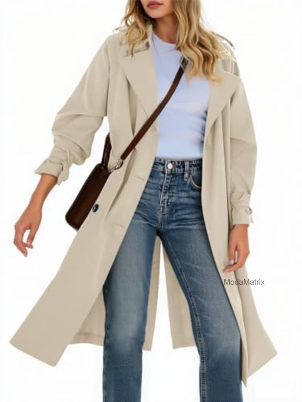 Women's Long Trench Coat Double Breasted Notch Lapel Overcoat